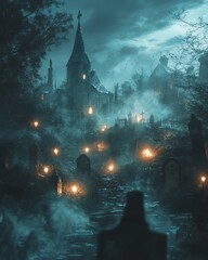 Sticker - A mysterious figure walks towards a church in a foggy graveyard lit by lanterns.