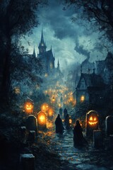 Canvas Print - A mysterious, foggy, and spooky path leading to a town with Jack-o'-lantern lit tombstones and hooded figures.