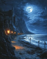 Wall Mural - A mystical cliffside town bathed in the glow of a full moon, with figures walking along a sandy beach below.