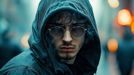 Canvas Print - A man wearing a hoodie and glasses is standing in the rain