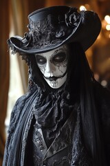 Sticker - A person in a black top hat and a white and black face mask with a haunting expression, dressed in a dark and gothic costume.