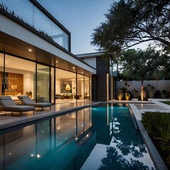 luxury house with swimming pool at evening
luxury home with swimming pool and lights
