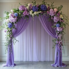 Wall Mural - A purple floral archway with drapes against a white wall.