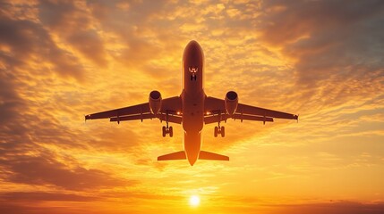 Wall Mural - Airplane Silhouette Against a Vibrant Sunset Sky