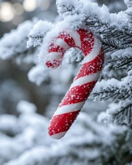 Sticker - A red and white candy cane hangs on a snow-covered fir branch.