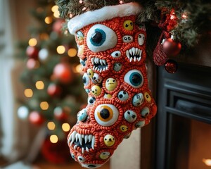 Sticker - A red Christmas stocking with a monster face and various cartoon eyes, teeth, and other features.  It is hanging on a fireplace mantle with a Christmas tree in the background.