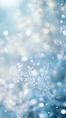 Wall Mural - White snowflakes on a blue bokeh background with light sparkles. Winter holiday and Christmas concept. Design for wallpaper, greeting card, invitation, banner. Vertical composition with copy space.