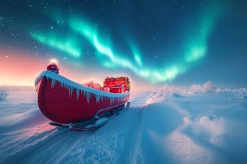 Wall Mural - A red sleigh with presents sits on a snowy field under the northern lights.