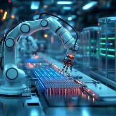 Canvas Print - A robotic arm working on a circuit board in a futuristic factory setting.