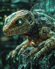 Canvas Print - A robotic lizard with glowing green eyes sits on a futuristic circuit board, its scaly skin and mechanical parts blending together.