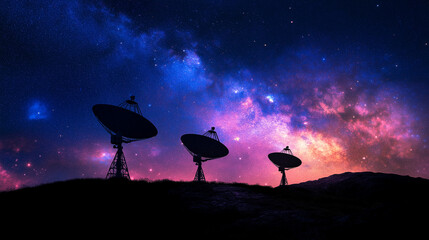 silhouetted satellite dishes stand tall against the vibrant hues of the milky way galaxy, capturing 