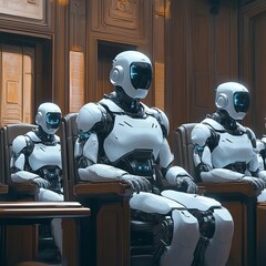 Poster - A row of white humanoid robots, sitting in a conference room.