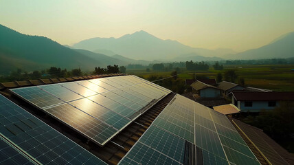 Beautifully installed solar panel array on a rooftop in a remote area, harnessing natural energy from the sun, symbolizing sustainable living and the use of renewable resources.