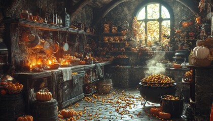 Sticker - A rustic kitchen with a cauldron bubbling on the stove, pumpkins and gourds scattered on the floor, and a window overlooking a fall scene.