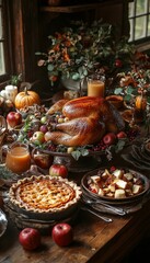 Canvas Print - A rustic Thanksgiving feast with roasted turkey, pie, and apples.