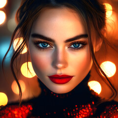 Wall Mural -  beautiful model with sleek hair and blue eyes, wearing red lipstick