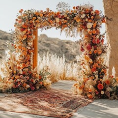 Poster - A rustic wooden archway decorated with dried flowers and pampas grass, leading to a traditional rug in a desert setting.