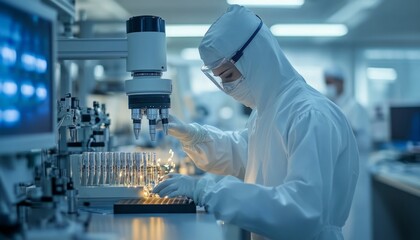 Poster - A scientist in a lab coat and protective gear operates machinery.