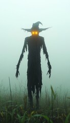 Wall Mural - A shadowy figure with glowing eyes stands in a foggy field.