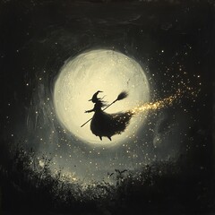 Wall Mural - A silhouette of a witch flying on a broomstick with a full moon in the background and sparkling dust coming from the broom.