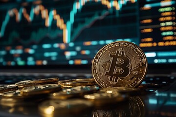 A single gold Bitcoin coin sits on a laptop keyboard in front of a computer screen displaying a stock market chart.