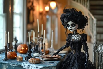 Wall Mural - A skeletal doll in a black dress with lace details sets the table with a pumpkin, candles, and black cats for a spooky Halloween dinner.