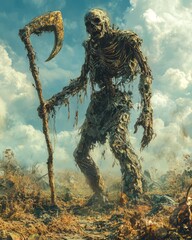 Canvas Print - A skeletal figure covered in vines and moss stands in a desolate landscape, holding a staff with a curved blade.