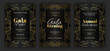 © shevalierart - Luxury black annual gala dinner, night, evening invitation template set with golden details and text. Baroque style retro ornate pattern background. EPS 10 vector illustration.
