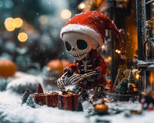 Sticker - A skeletal figure in a Santa hat wraps presents in a snowy winter scene.