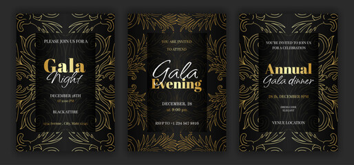 luxury black annual gala dinner, night, evening invitation template set with golden details and text