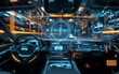 © FreyStudios - Virtual hologram interface for future of car industry is presented in this concept background, interior future neon presentation