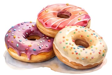 Watercolor hand drawn donuts on a white background