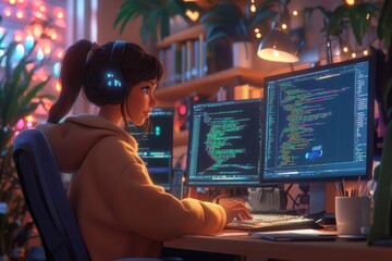 young programmer coding in cozy home office