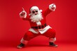 © Khawla - Full length photo of handsome old dabber fat funny santa claus in eyeglasses dance with his hand raised in a funny pose, isolated over red background