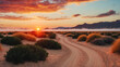 © FreemiumStock - Majestic desert scene with golden sunlight reflecting on sandy dunes, shrubs, and mountains in the distance