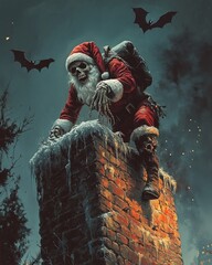 Poster - A skeletal Santa Claus with a bag of gifts, is climbing up a chimney. Two bats are flying in the background. There is a fire in the fireplace and a  snow covered roof.