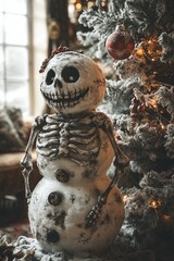 Wall Mural - A skeletal snowman with a mischievous grin stands next to a Christmas tree decorated with red ornaments.