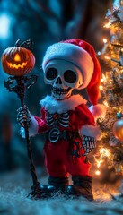 Poster - A skeleton dressed as Santa Claus holds a jack-o-lantern and stands next to a Christmas tree with lights.