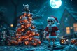 © PuiZera - A skeleton dressed as Santa stands next to a Christmas tree decorated with pumpkins in a snowy, moonlit setting.