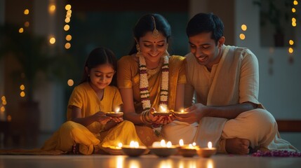 Wall Mural - A family of three, a man, a woman and a child, are sitting on the floor