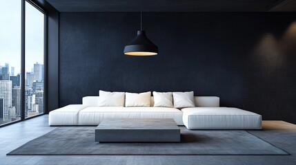 Modern living room with white sofa and concrete coffee table, overlooking city skyline.