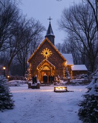 Sticker - A small stone church with a lit star above the entrance, surrounded by snow-covered trees and a fire pit, with people gathering outside.