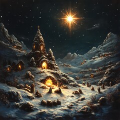 Canvas Print - A small village nestled in a snowy mountain valley, illuminated by a bright star.