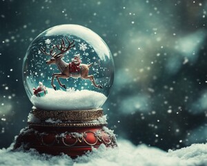 Poster - A snow globe with Santa Claus riding a reindeer inside, surrounded by falling snow.