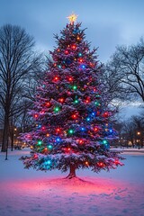 Poster - A snow-covered Christmas tree illuminated with colorful lights.