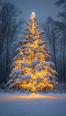 Canvas Print - A snow-covered Christmas tree illuminated with warm white lights stands tall against a wintery backdrop.