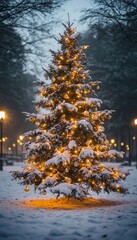 Poster - A snow-covered Christmas tree with twinkling lights.