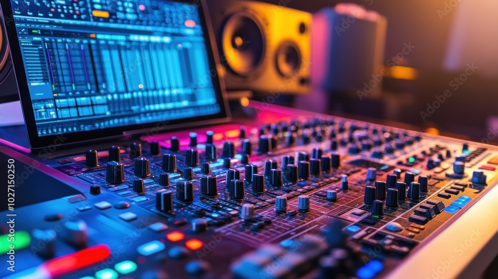 Control desk for a modern music recording studio featuring a laptop ...