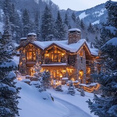 Wall Mural - A snow-covered luxury cabin nestled in a snowy mountainside with warm, inviting lights glowing from inside.