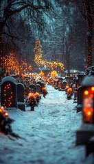 Wall Mural - A snow-covered pathway in a cemetery lit with Christmas lights.